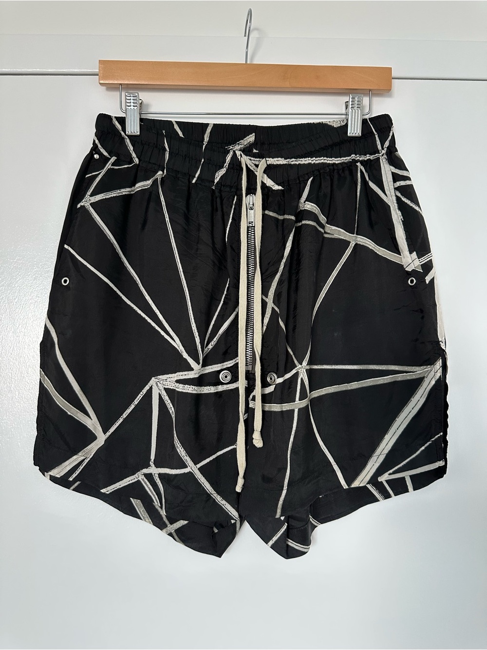 Rick Owens Black Shorts with White Geometric Print